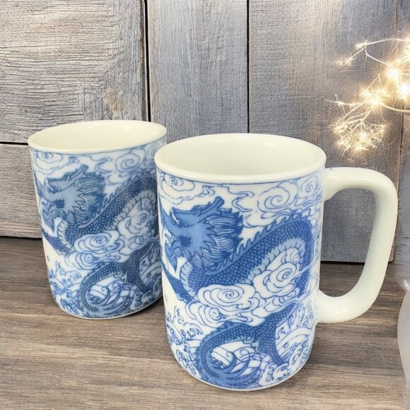 Vintage Chinese Blue Dragon Serpent Coffee Mug Cup Set 2 Stoneware Ceramic Mugs - Picture 1 of 12